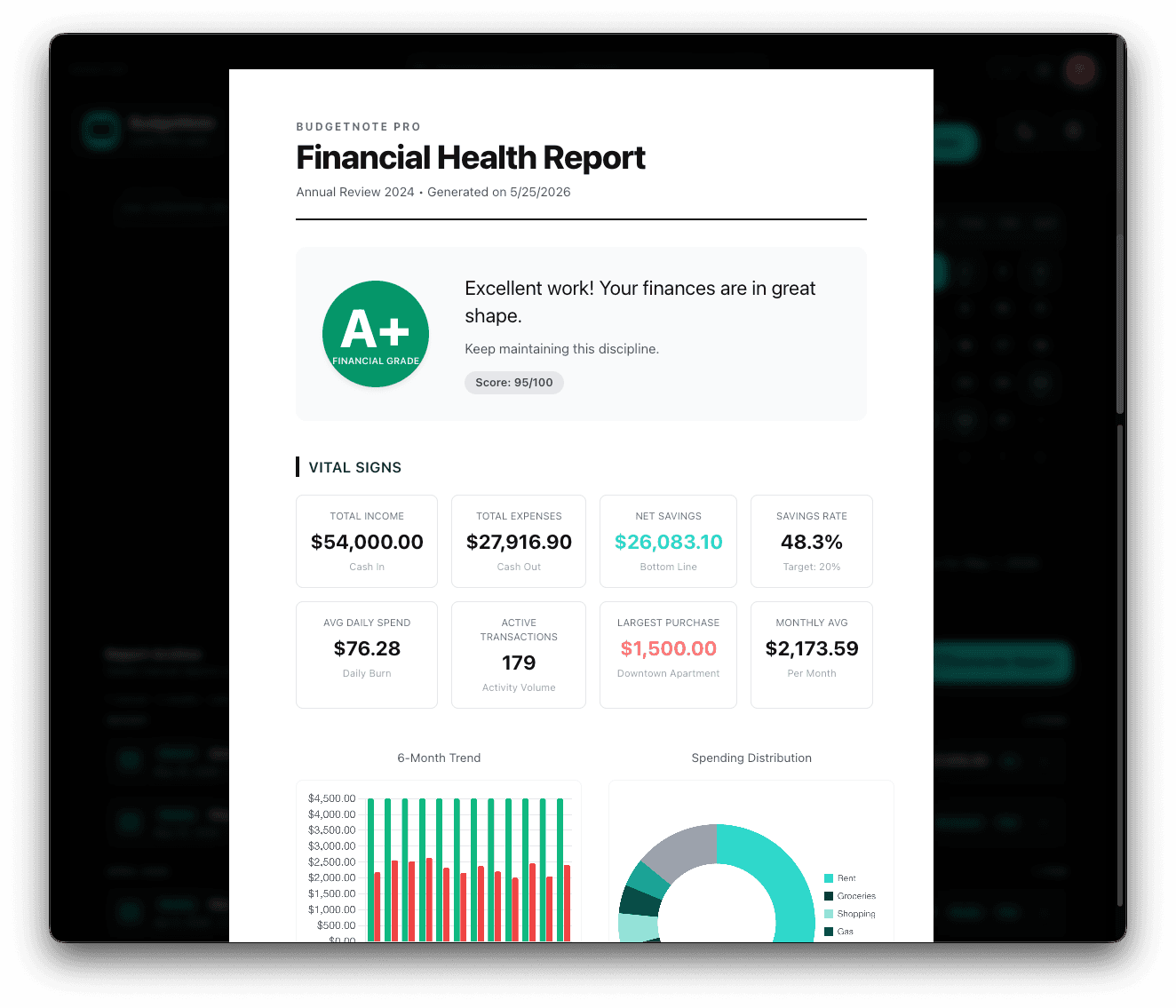 BudgetNote financial health report with printable annual review layout