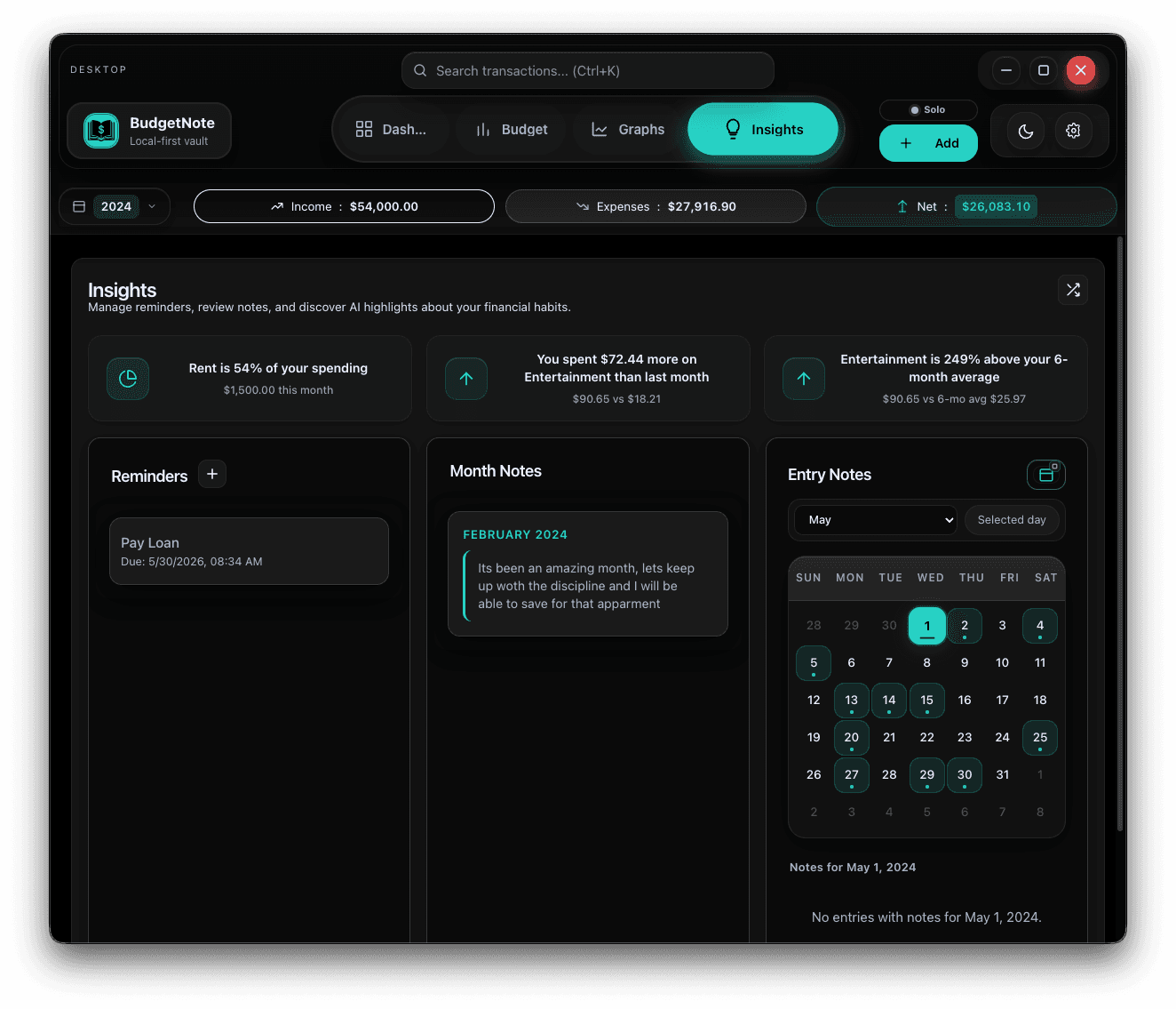 BudgetNote insights workspace showing reminders, notes, highlights, and report access