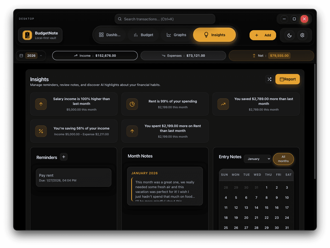 BudgetNote insights workspace showing reminders, notes, highlights, and report access
