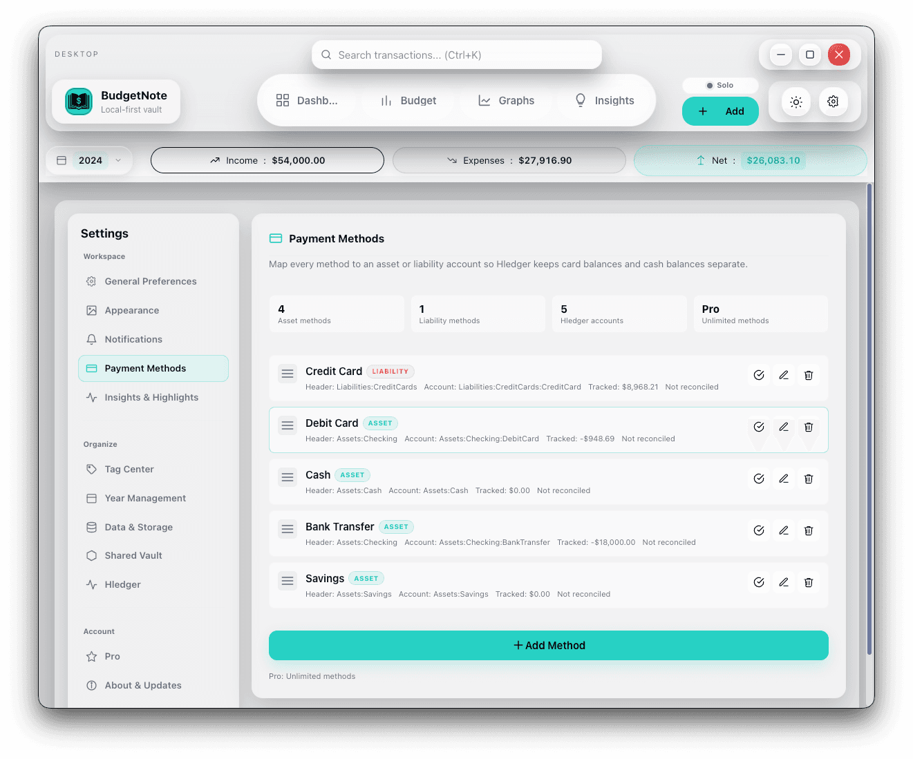 BudgetNote custom payment methods configuration