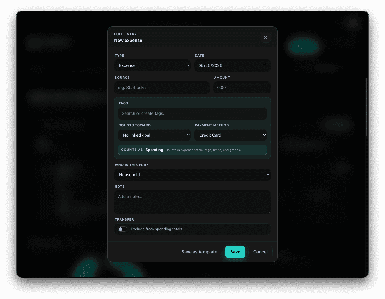 BudgetNote quick entry modal for logging transactions