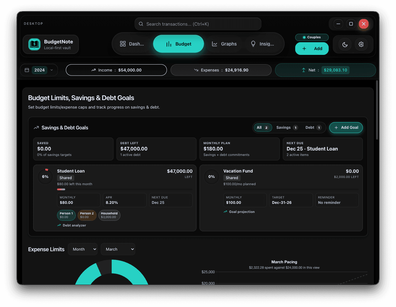 BudgetNote view showing savings goals and debt payoff helper plans