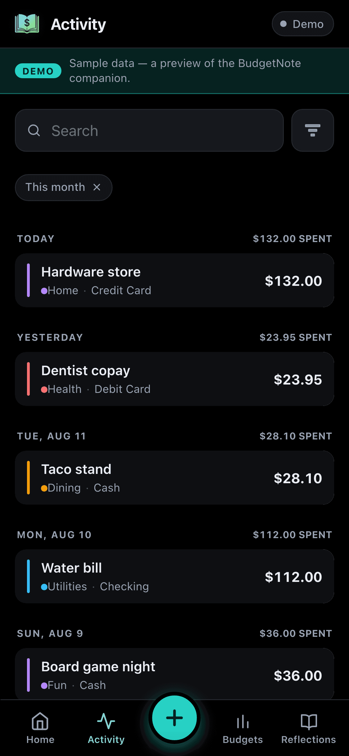 BudgetNote companion app — Activity