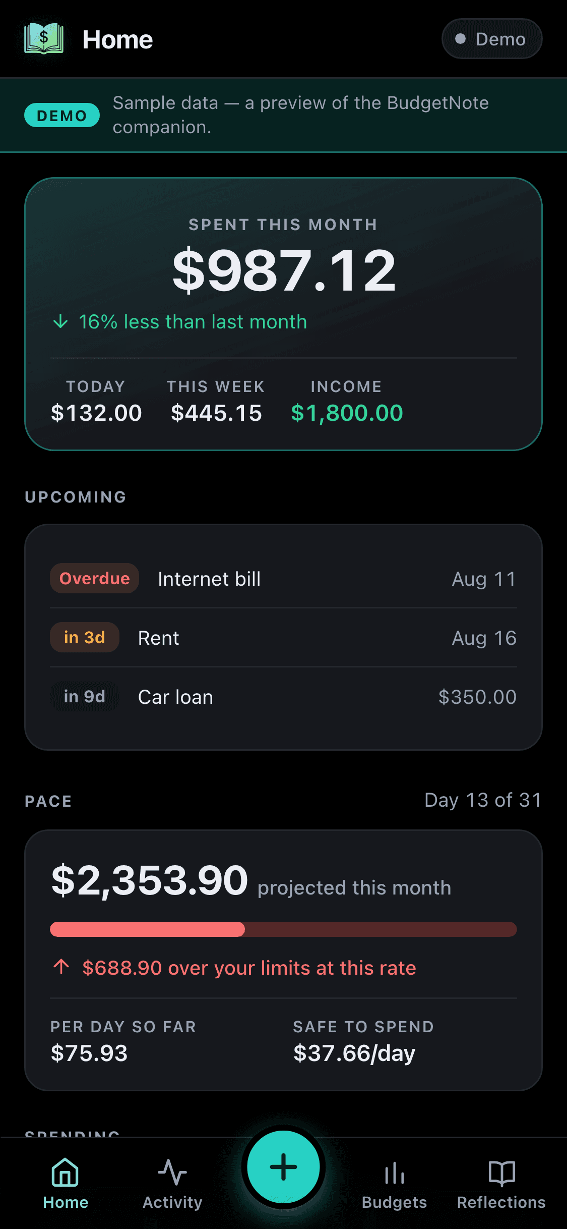 BudgetNote companion app — Home